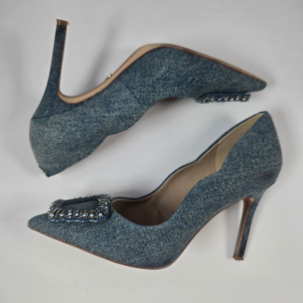 Sam Edelman Pumps Women 8 Blue Denim Beaded Buckle Hazel Stiletto Heels Pointed - Picture 7 of 9